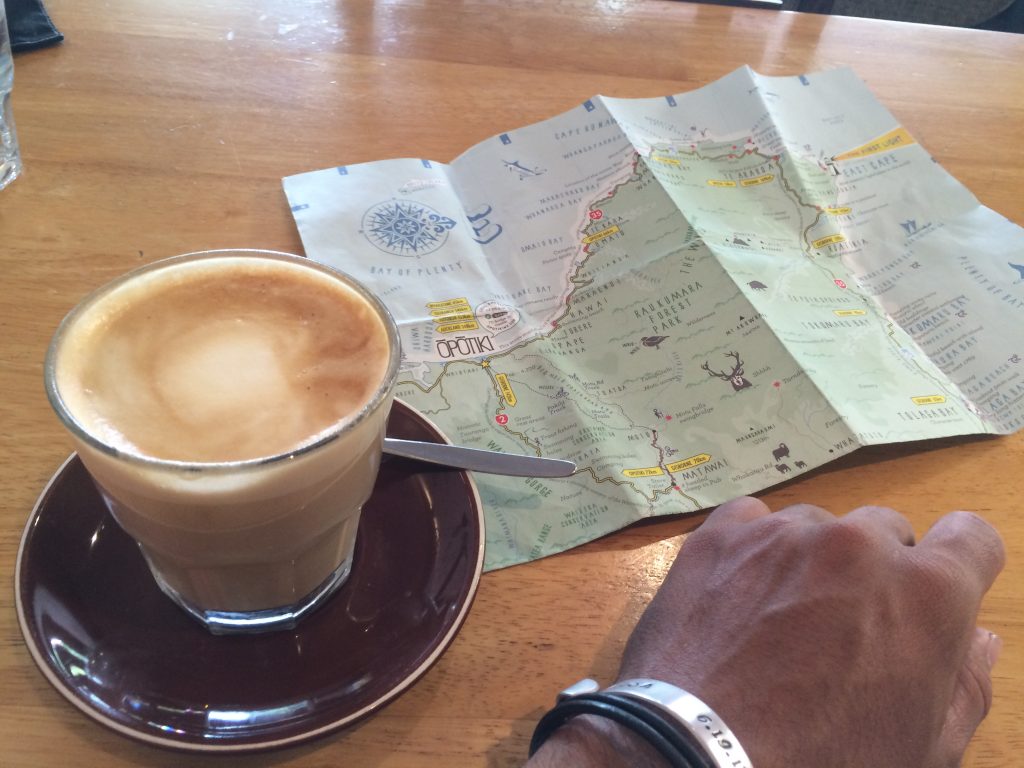 Coffee & Map of East Cape, preparing for the ride!