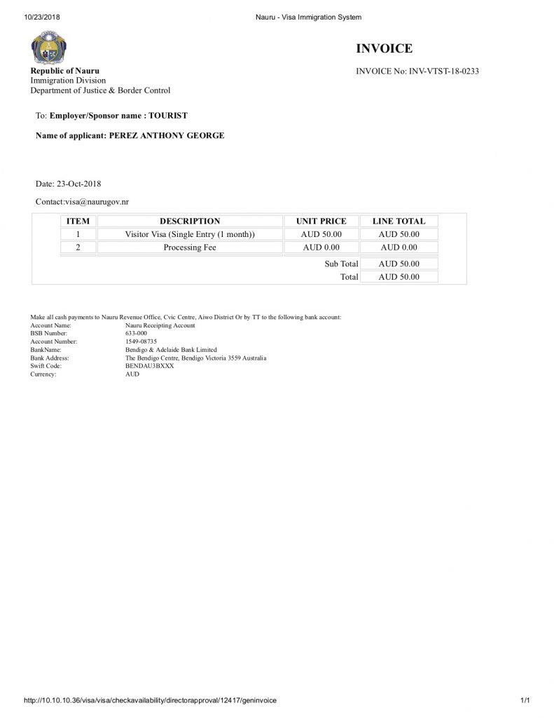 Nauru Visa Payment cost invoice