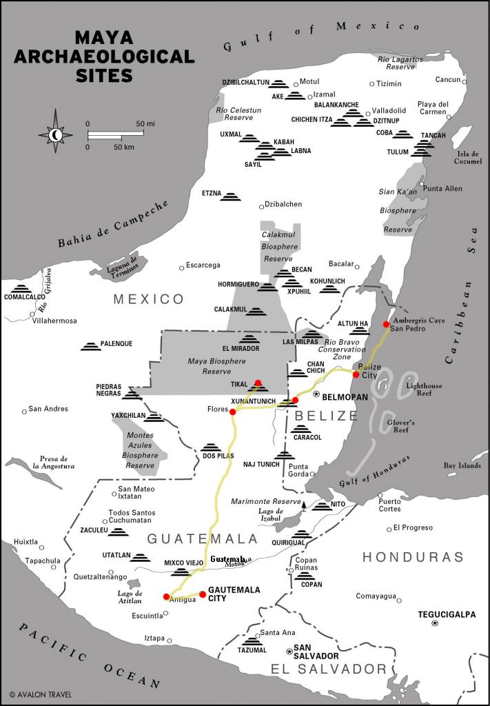 central america map of belize and guatemala with mayan ruin sites