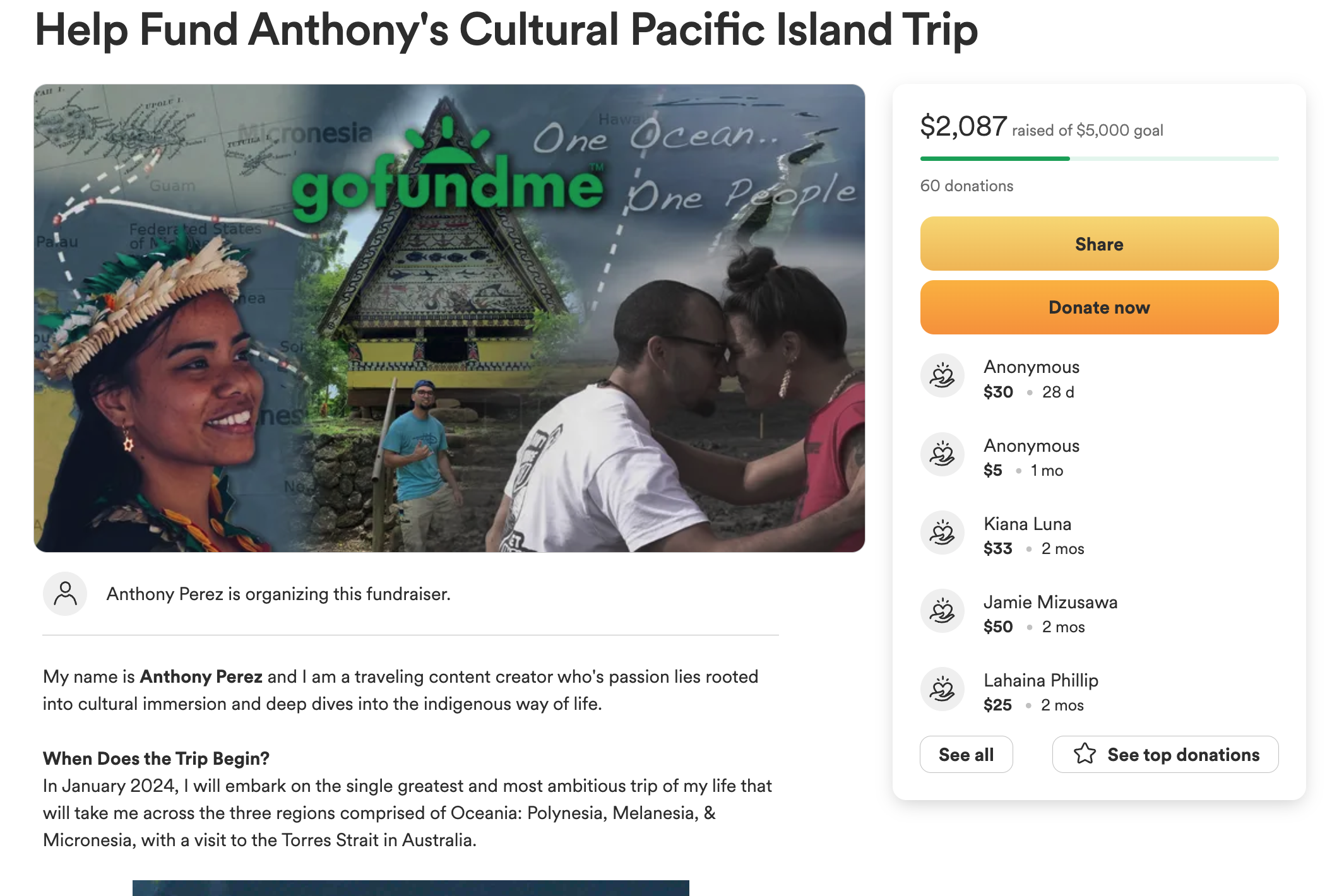 Gofundme screenshot cultural travel